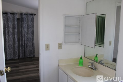 A bathroom with a sink, mirror, and a shower curtain.