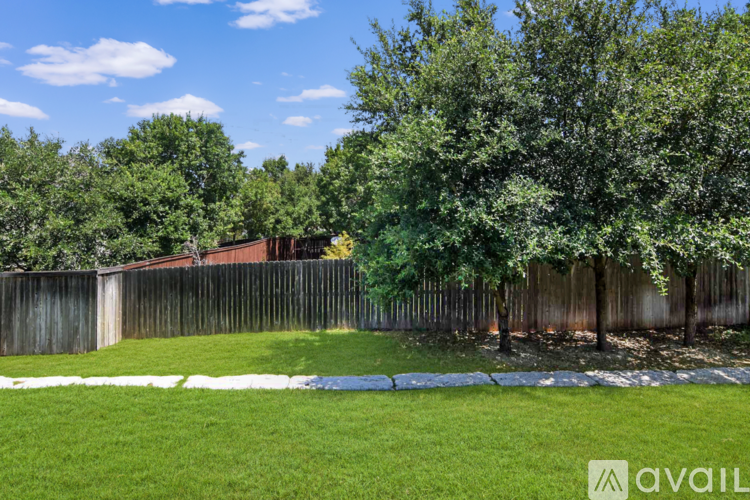 A backyard with a fence and trees.