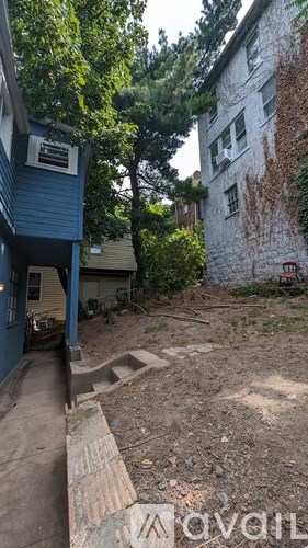 A backyard with a blue building and a white building with a tree in front of it.