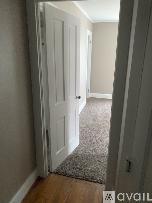 A hallway with a white door and a grey rug.
