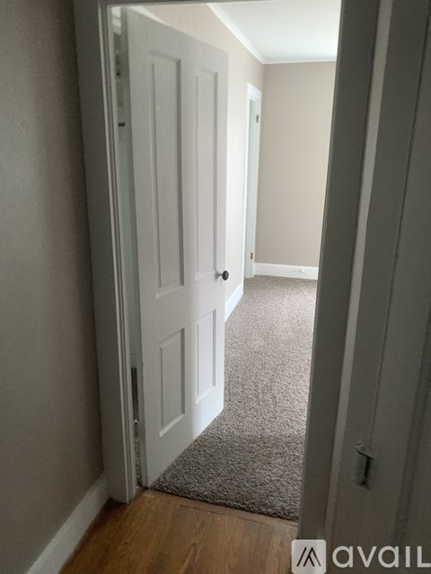 A hallway with a white door and a grey rug.