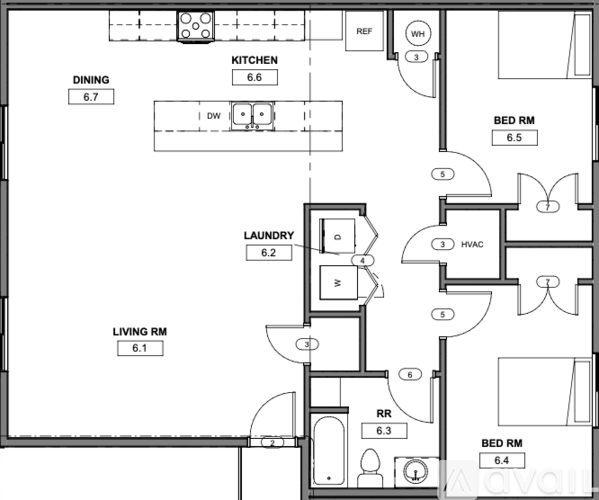 A floor plan of a house with a living room, dining room, kitchen, bedrooms and bathrooms.
