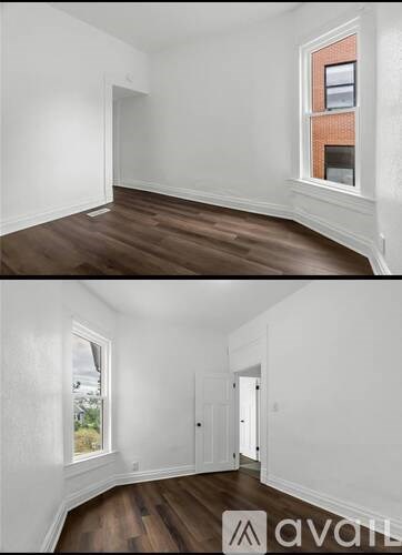 Two images of an empty room with wooden floors and white walls.