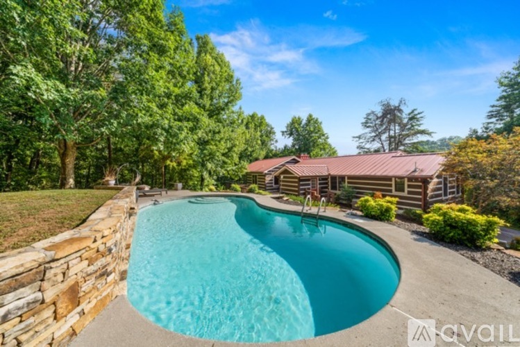 A swimming pool surrounded by a stone wall and trees.