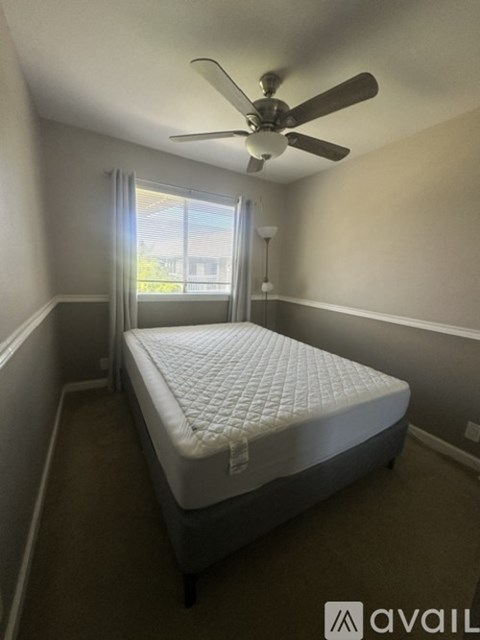 A bedroom with a bed, a ceiling fan, and a window with curtains.