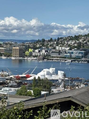 A cityscape with a large body of water and buildings in the background.