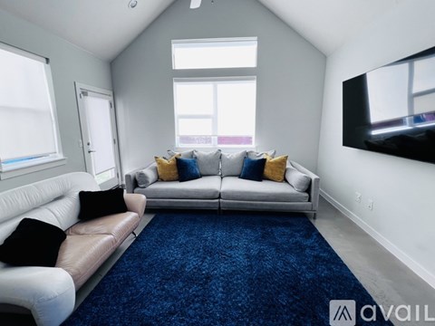 A living room with a white couch and a blue rug.