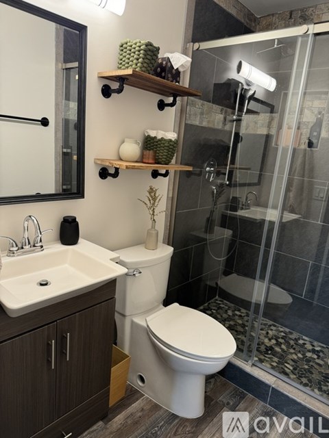 A modern bathroom with a white toilet, a sink, and a walk-in shower.