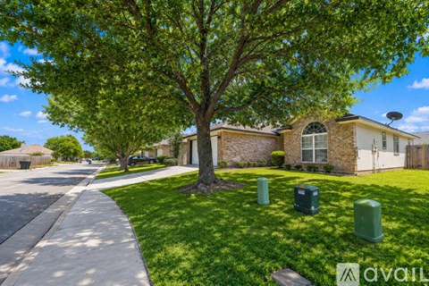 A tree in front of a house with a sidewalk and green bins.