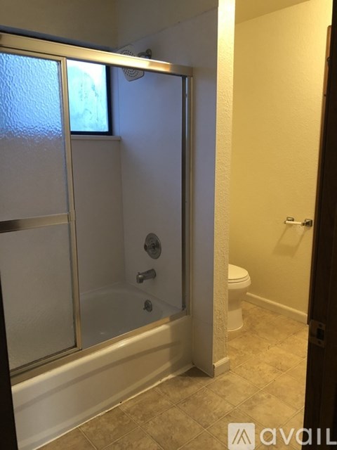 A bathroom with a glass shower door and a toilet.