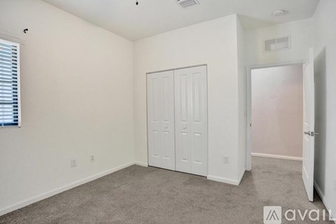 A bedroom with a white closet and carpeted floor.