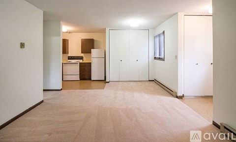 A beige carpeted room with a kitchen area in the background.
