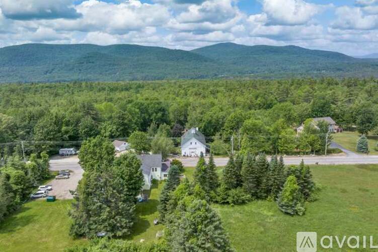 A house surrounded by trees with a mountain in the background.