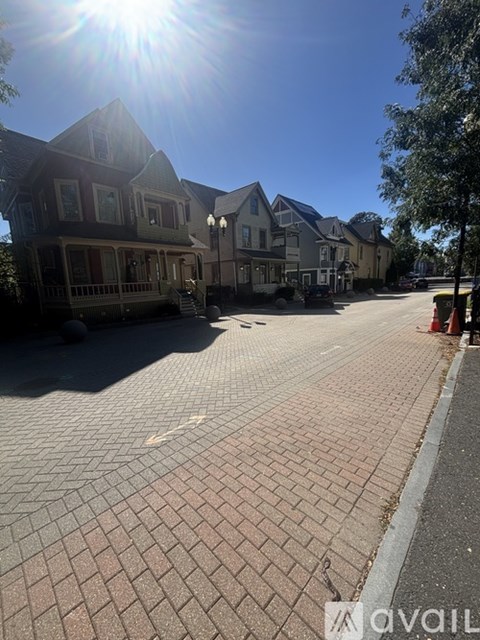 A sunny day in a quiet residential street with houses on both sides.