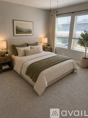 A bedroom with a large bed and a painting on the wall.