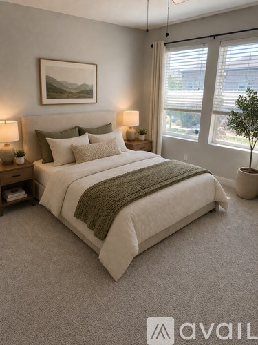 A bedroom with a large bed and a painting on the wall.