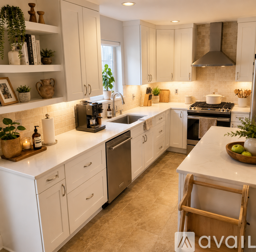 A kitchen with white cabinets and a marble countertop.