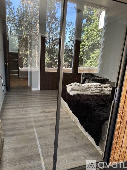 A bedroom with a bed and a window overlooking a tree.