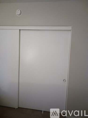 A white closet door with a round knob on the right side.