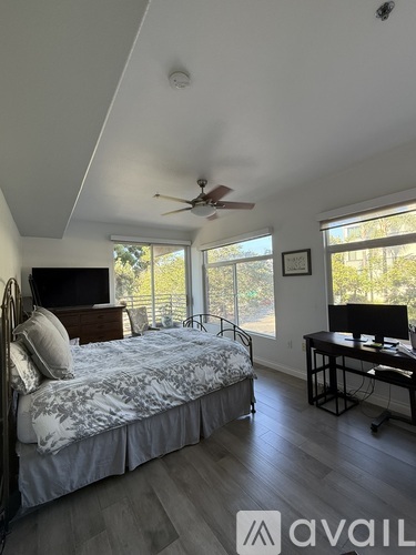 A bedroom with a bed, desk, and ceiling fan.