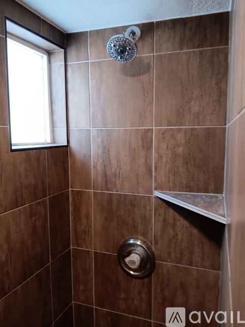 A shower area with a brown tiled wall and a window.