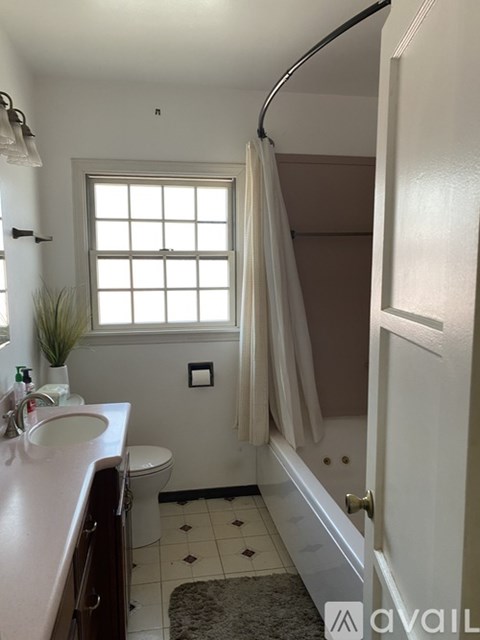 A bathroom with a toilet, sink, and shower.