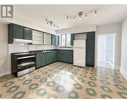 A kitchen with green cabinets and a patterned floor.