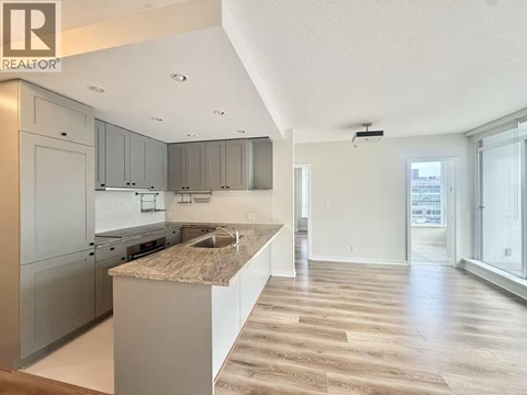 A modern kitchen with a granite countertop and stainless steel appliances.
