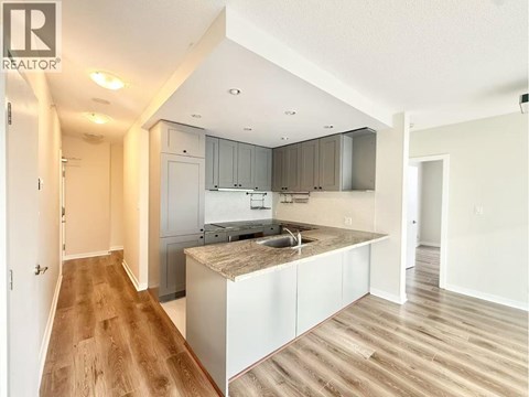 A kitchen with a sink and cabinets in a house.
