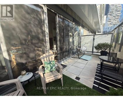 A patio area with a table, chairs, and a potted plant.