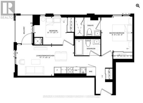 A black and white floor plan of a house with a living room, dining room, kitchen, two bedrooms, and a master bedroom.