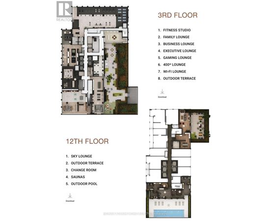 A floor plan of a building with a fitness studio, family lounge, business lounge, and other rooms.