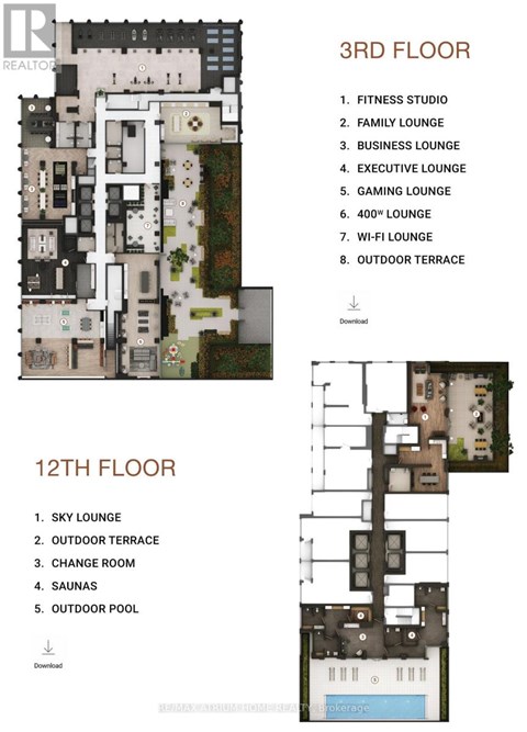 A floor plan of a building with a fitness studio, family lounge, business lounge, and other rooms.