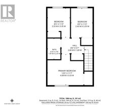 A floor plan for a home with a primary bedroom, two bedrooms, a bath, and a hall.