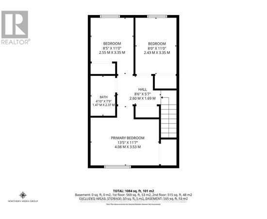 A floor plan for a home with a primary bedroom, two bedrooms, a bath, and a hall.