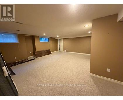 A spacious room with a carpeted floor and a window with blinds.