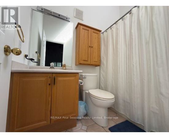 A bathroom with a toilet, sink, and shower curtain.