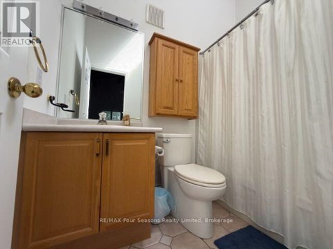 A bathroom with a toilet, sink, and shower curtain.