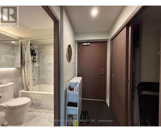 A bathroom with a toilet, a shower, and a small closet.