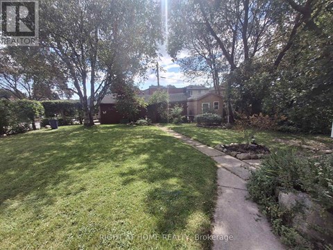 A backyard with a lawn and a pathway.