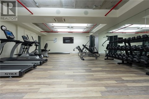 A gym with treadmills and exercise bikes.