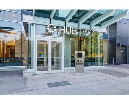 The entrance to a building with the name Hub Two on it.