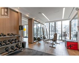 A gym with a variety of equipment including dumbbells, weight plates, and a bench press.