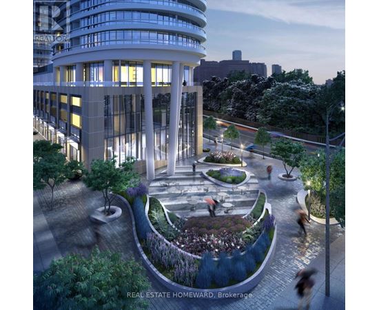 A rendering of a modern building with a circular courtyard in front.