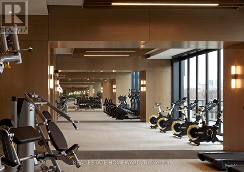 A gym with a row of exercise bikes and a row of dumbbells.