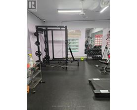 A gym with a squat rack, weight bench, and other equipment.