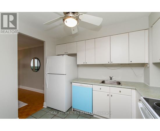 A small kitchen with white cabinets and a blue dishwasher.