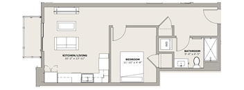 A floor plan of a house with a kitchen, living room, bedroom, and bathroom.