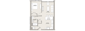 A floor plan of a house with a bedroom, bathroom, living room, and kitchen.