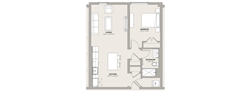 A floor plan of a house with a living room, bedroom, bathroom, and kitchen.